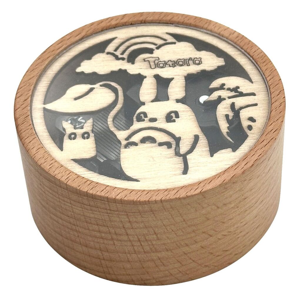 1096 My Neighbor Totor Music Box, Engraved Round Wood Mechanism Wind Up